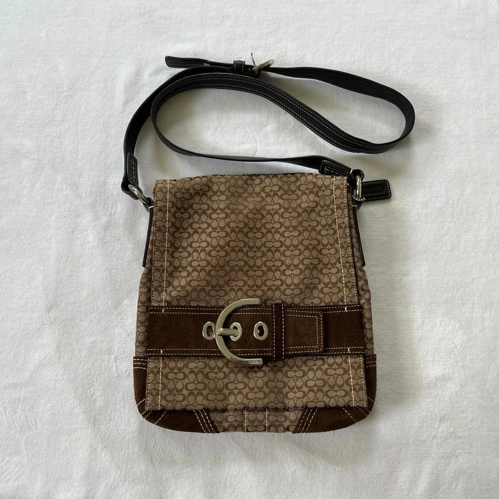 Y2K Coach monogram canvas suede buckle cross body bag brown tan G050-3644